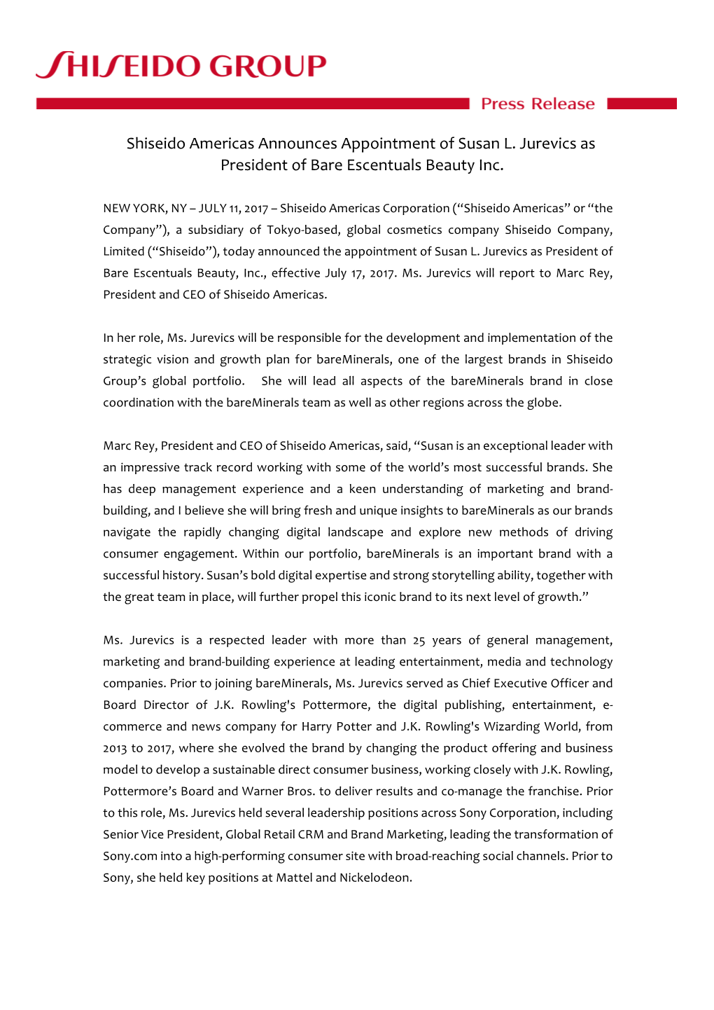 Shiseido Americas Announces Appointment of Susan L. Jurevics As President of Bare Escentuals Beauty Inc