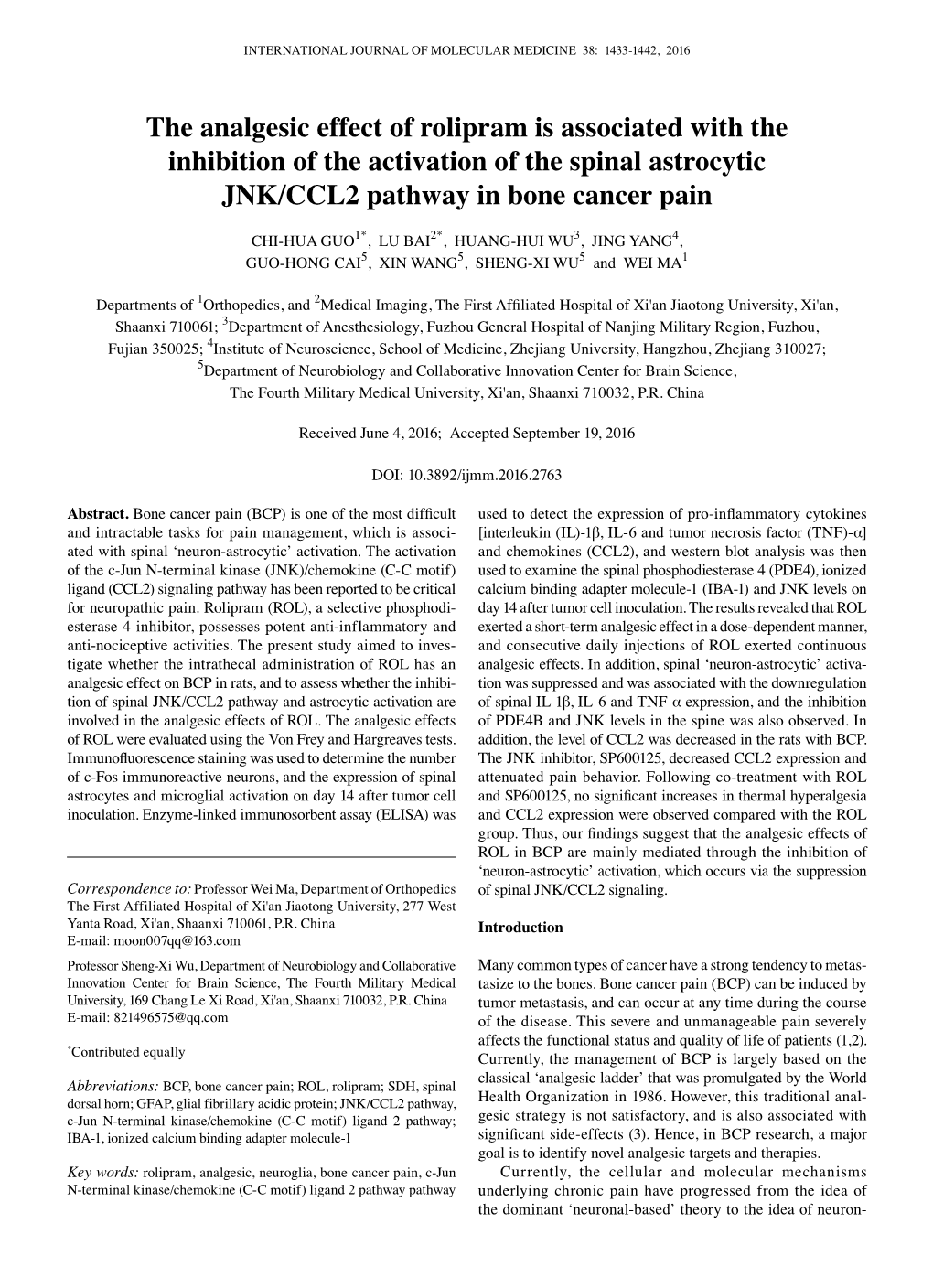 The Analgesic Effect of Rolipram Is Associated with the Inhibition of the Activation of the Spinal Astrocytic JNK/CCL2 Pathway in Bone Cancer Pain