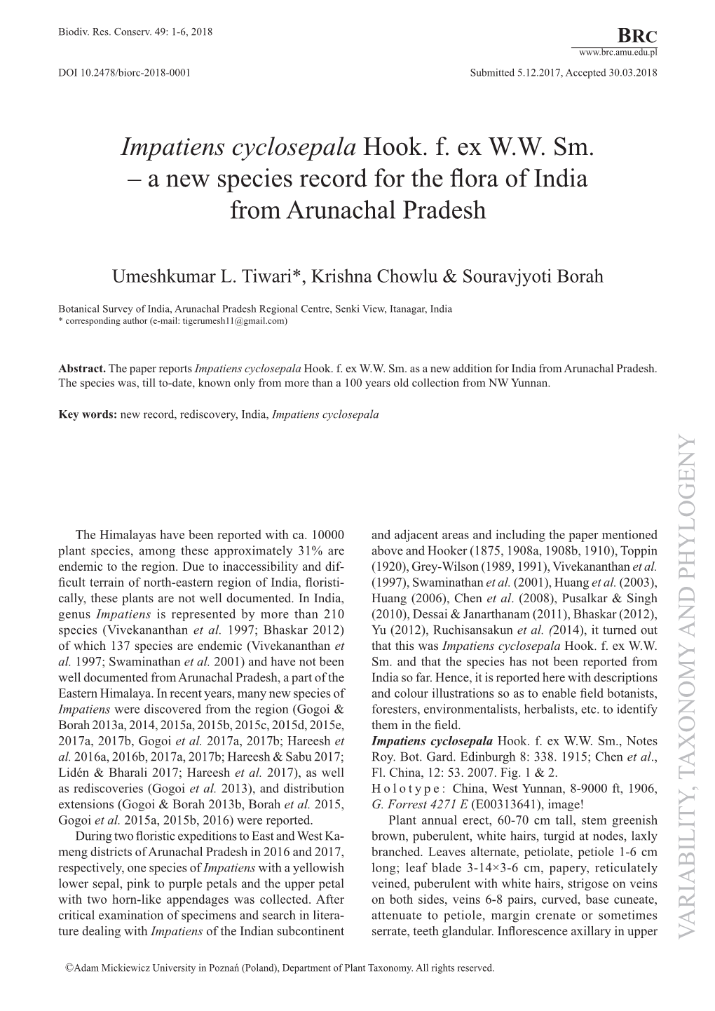 Impatiens Cyclosepala Hook. F. Ex W.W. Sm. – a New Species Record for the Flora of India from Arunachal Pradesh