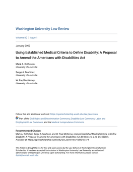 Using Established Medical Criteria to Define Disability: a Proposal to Amend the Americans with Disabilities Act
