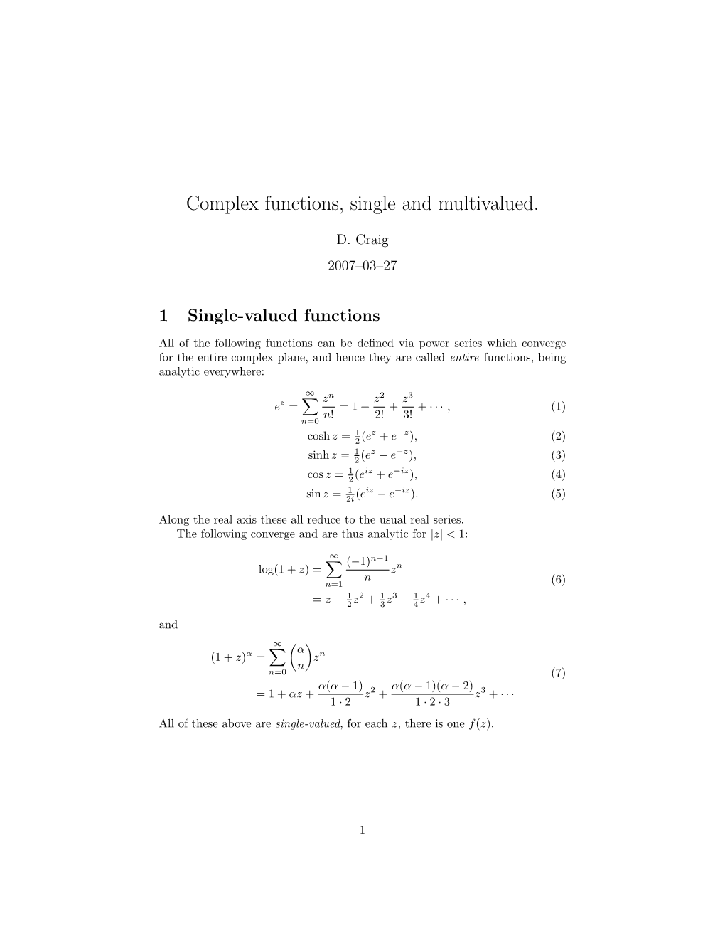 Complex Functions, Single and Multivalued