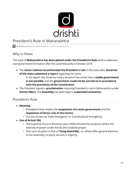 President's Rule in Maharashtra Under Article 356(1)