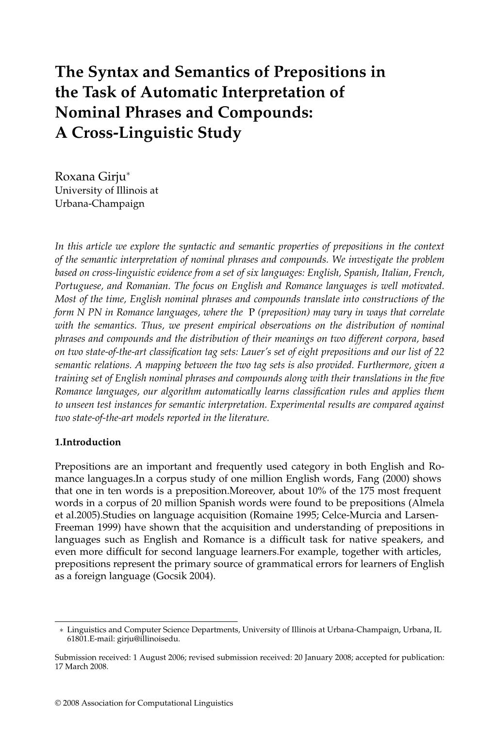 The Syntax and Semantics of Prepositions in the Task of Automatic Interpretation of Nominal Phrases and Compounds: a Cross-Linguistic Study