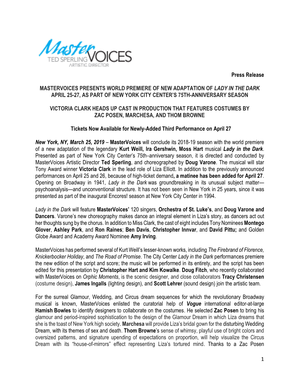 1 Press Release MASTERVOICES PRESENTS WORLD PREMIERE