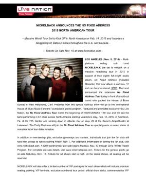 Nickelback Announces the No Fixed Address 2015 North American Tour