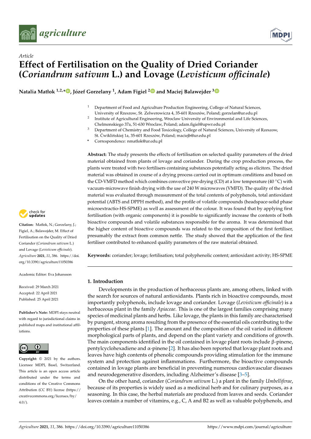 Coriandrum Sativum L.) and Lovage (Levisticum Officinale