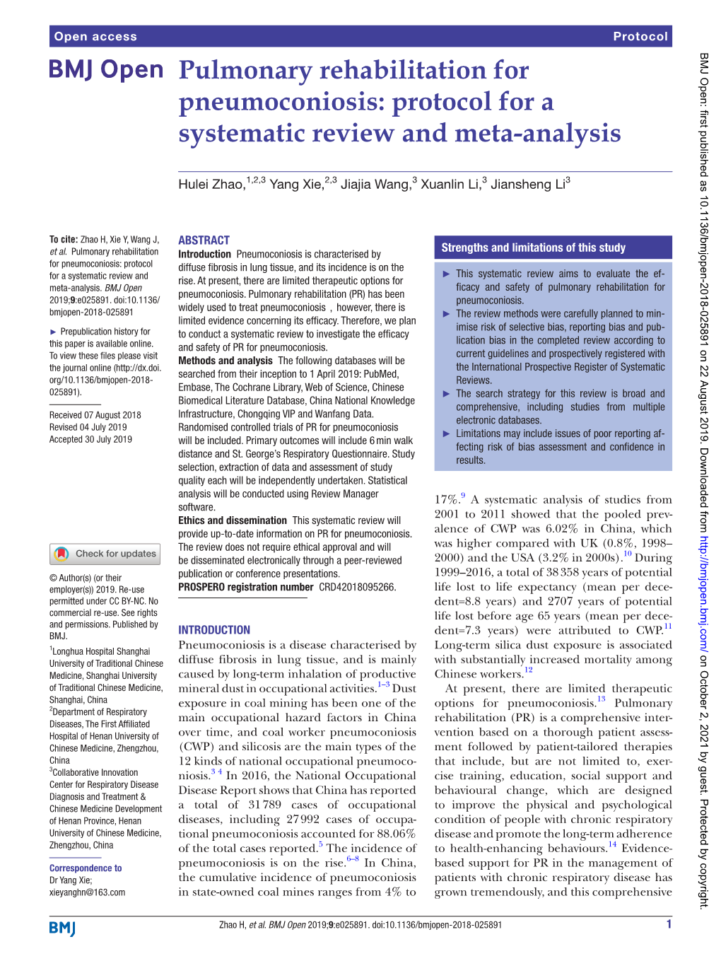 Pulmonary Rehabilitation for Pneumoconiosis: Protocol for a Systematic Review and Meta-Analysis