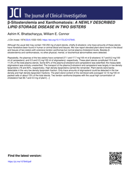 Β-Sitosterolemia and Xanthomatosis: a NEWLY DESCRIBED LIPID STORAGE DISEASE in TWO SISTERS