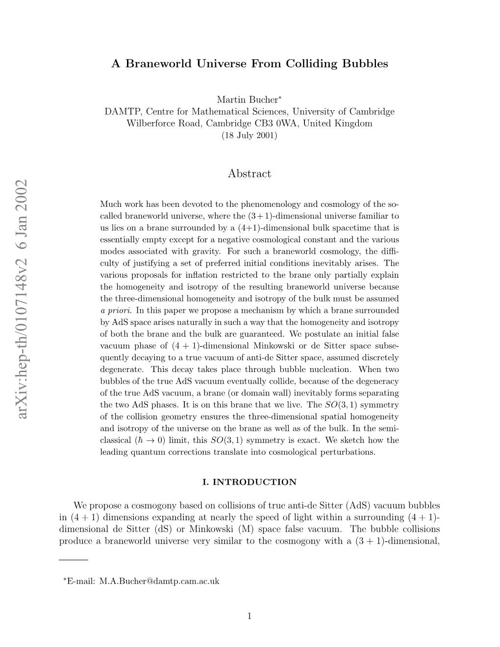 Arxiv:Hep-Th/0107148V2 6 Jan 2002 Rdc Rnwrduies Eysmlrt H Omgn Iha( a with Th Cosmogony Vacuum