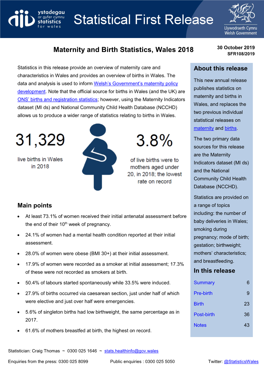 Maternity and Birth Statistics, Wales 2018 30 October 2019 SFR108/2019