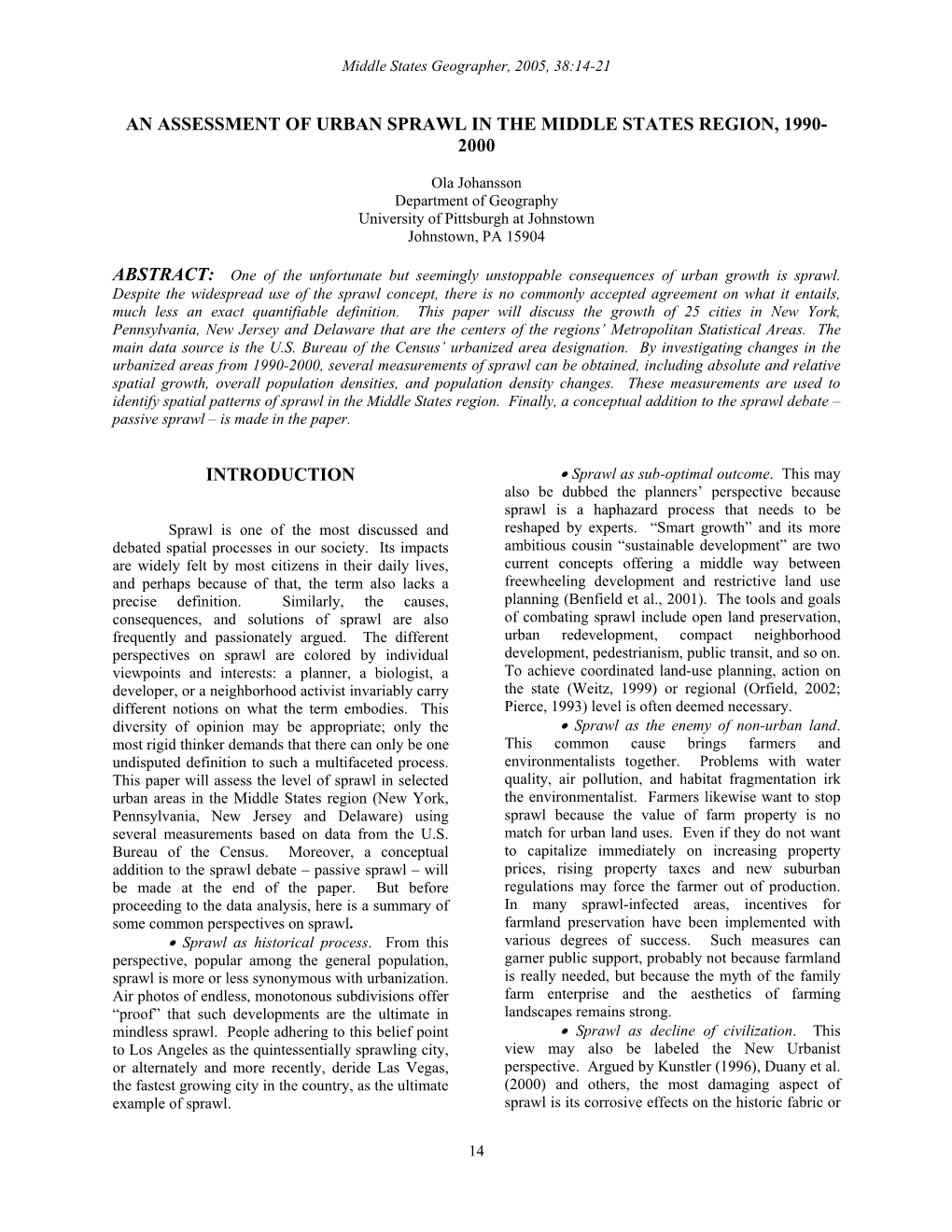 An Assessment of Urban Sprawl in the Middle States Region, 1990- 2000