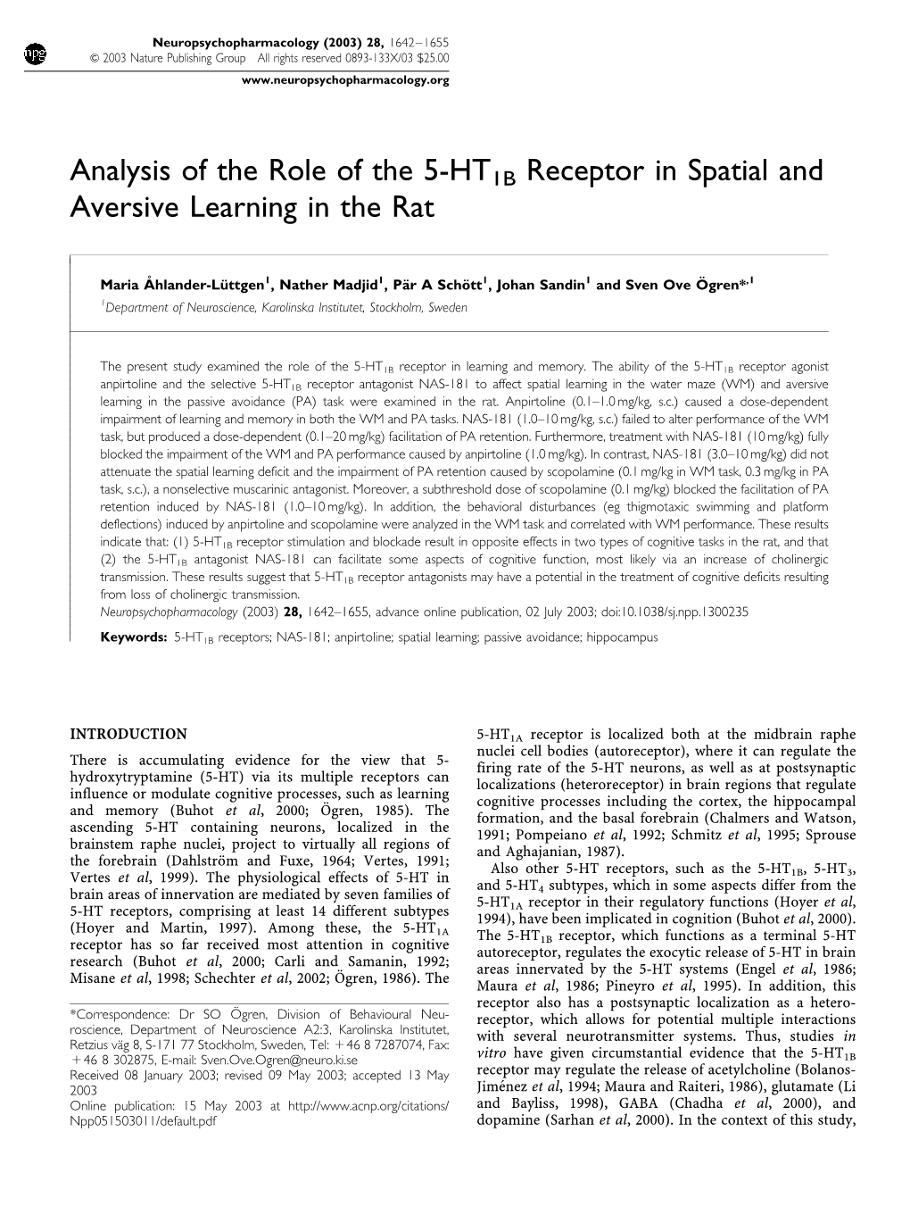 Analysis of the Role of the 5-HT1B Receptor in Spatial and Aversive Learning in the Rat