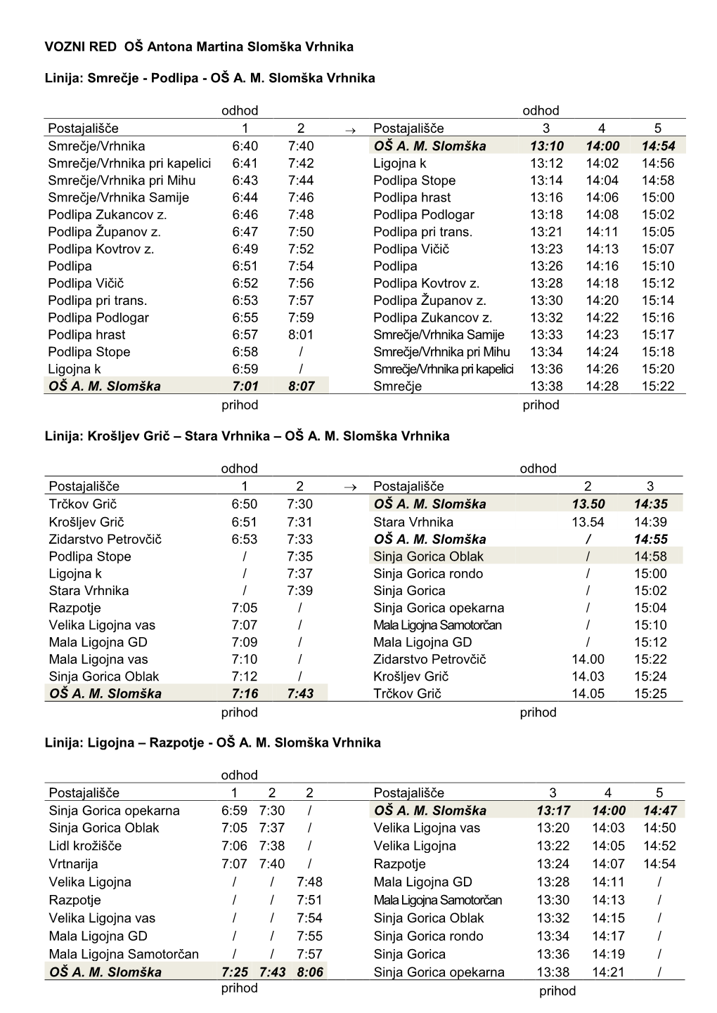 VOZNI RED OŠ Antona Martina Slomška Vrhnika Linija: Smrečje