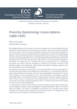 Proximity Epistemology in Jane Addams (1860–1935)