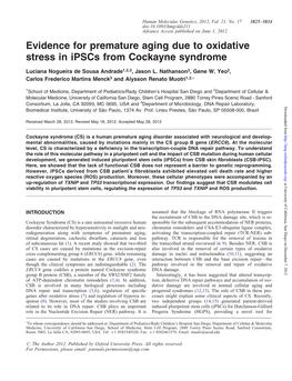 Evidence for Premature Aging Due to Oxidative Stress in Ipscs from Cockayne Syndrome