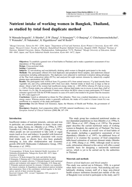 Nutrient Intake of Working Women in Bangkok, Thailand, As Studied by Total Food Duplicate Method