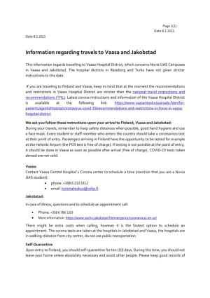 Information Regarding Travels to Vaasa and Jakobstad