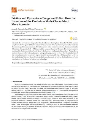 Friction and Dynamics of Verge and Foliot: How the Invention of the Pendulum Made Clocks Much More Accurate