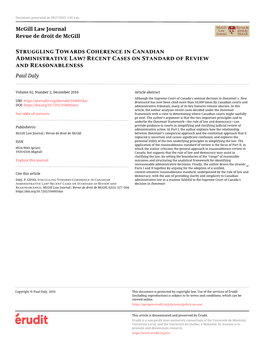 Struggling Towards Coherence in Canadian Administrative Law? Recent Cases on Standard of Review and Reasonableness Paul Daly