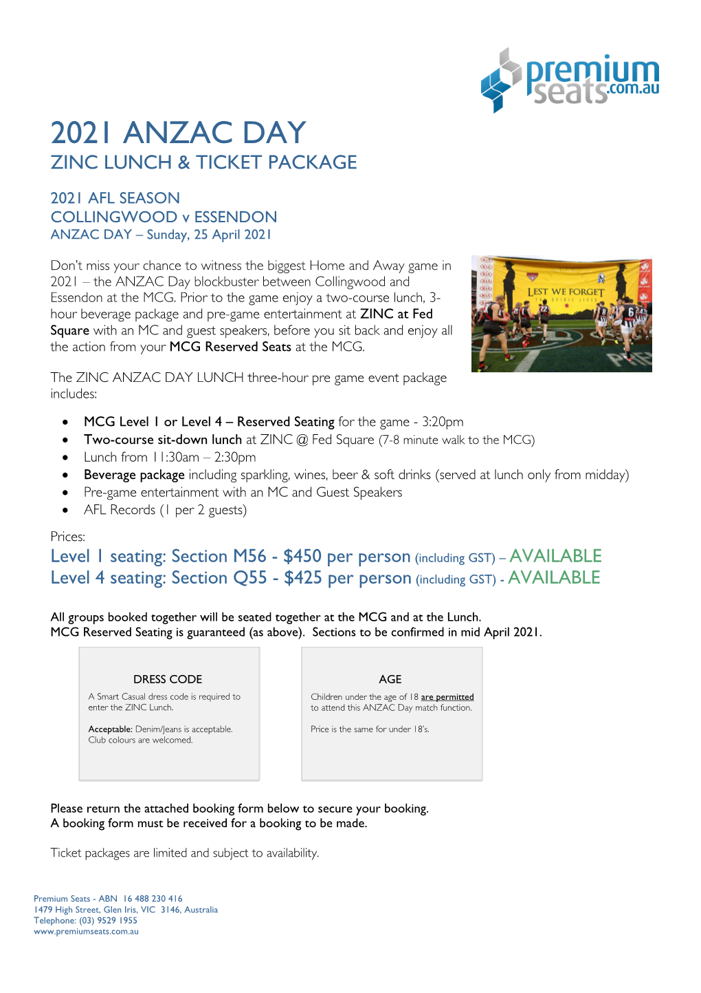 2021 Anzac Day Zinc Lunch & Ticket Package