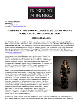 Feinstein's at the Nikko Welcomes Music Legend