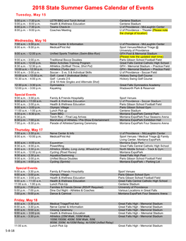 2018 State Summer Games Calendar of Events