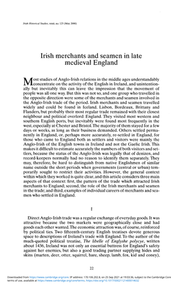 Irish Merchants and Seamen in Late Medieval England