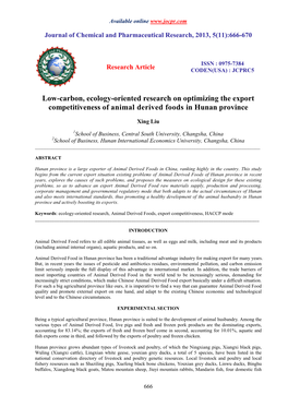 Low-Carbon, Ecology-Oriented Research on Optimizing the Export Competitiveness of Animal Derived Foods in Hunan Province