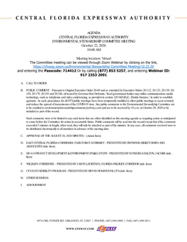 AGENDA CENTRAL FLORIDA EXPRESSWAY AUTHORITY ENVIRONMENTAL STEWARDSHIP COMMITTEE MEETING October 22, 2020 10:00 AM