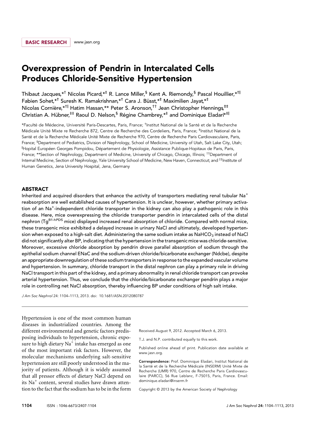 Overexpression of Pendrin in Intercalated Cells Produces Chloride-Sensitive Hypertension