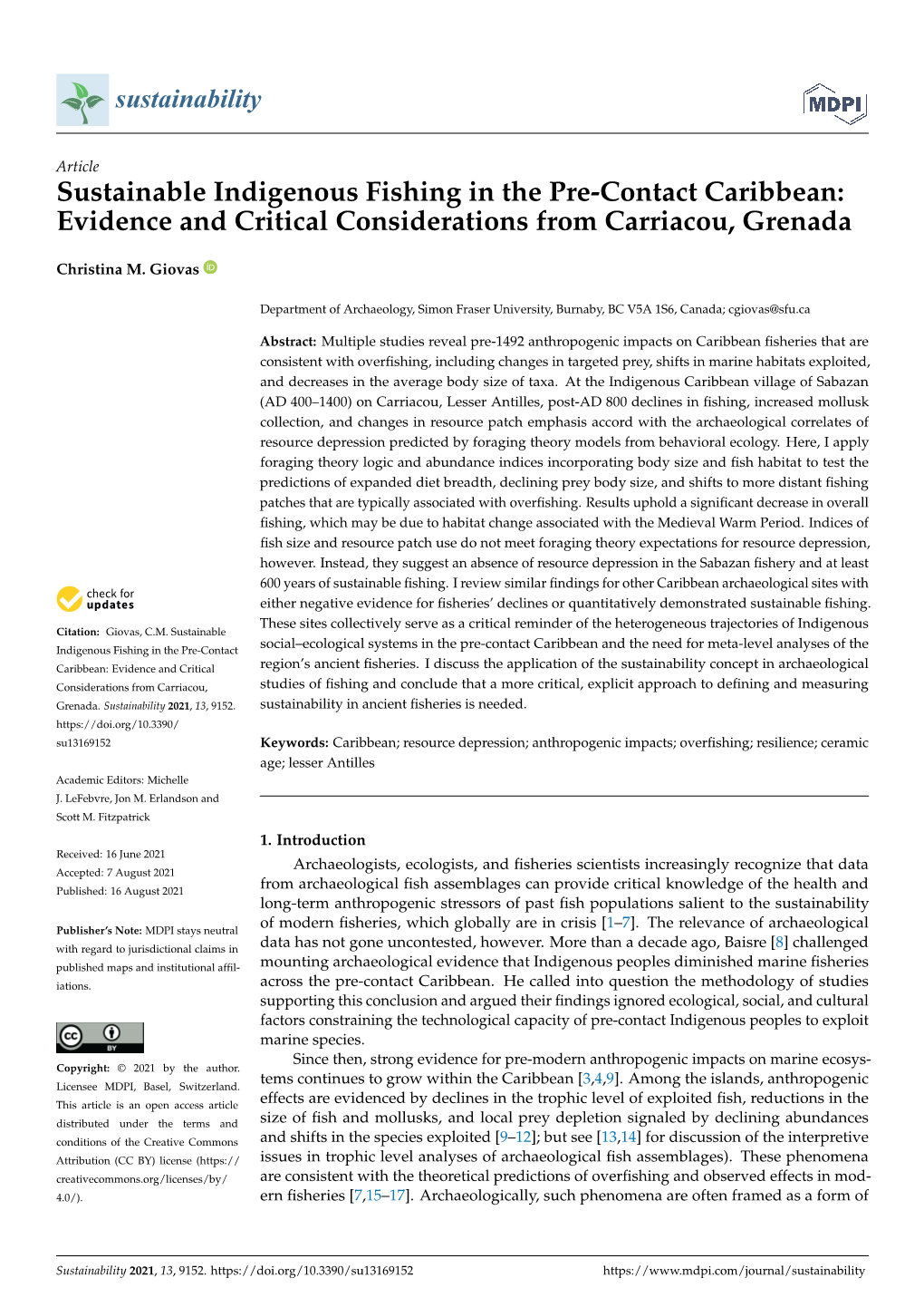 Sustainable Indigenous Fishing in the Pre-Contact Caribbean: Evidence and Critical Considerations from Carriacou, Grenada