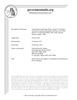 American Cryptology During the Cold War, 1945-1989, Book IV: Cryptologic Rebirth, 1981-1989, National Security Agency, 1999