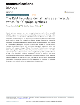The Rela Hydrolase Domain Acts As a Molecular Switch for (P)Ppgpp Synthesis ✉ Anurag Kumar Sinha 1,2 & Kristoffer Skovbo Winther 1