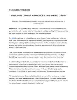 Musicians Corner Announces 2019 Spring Lineup