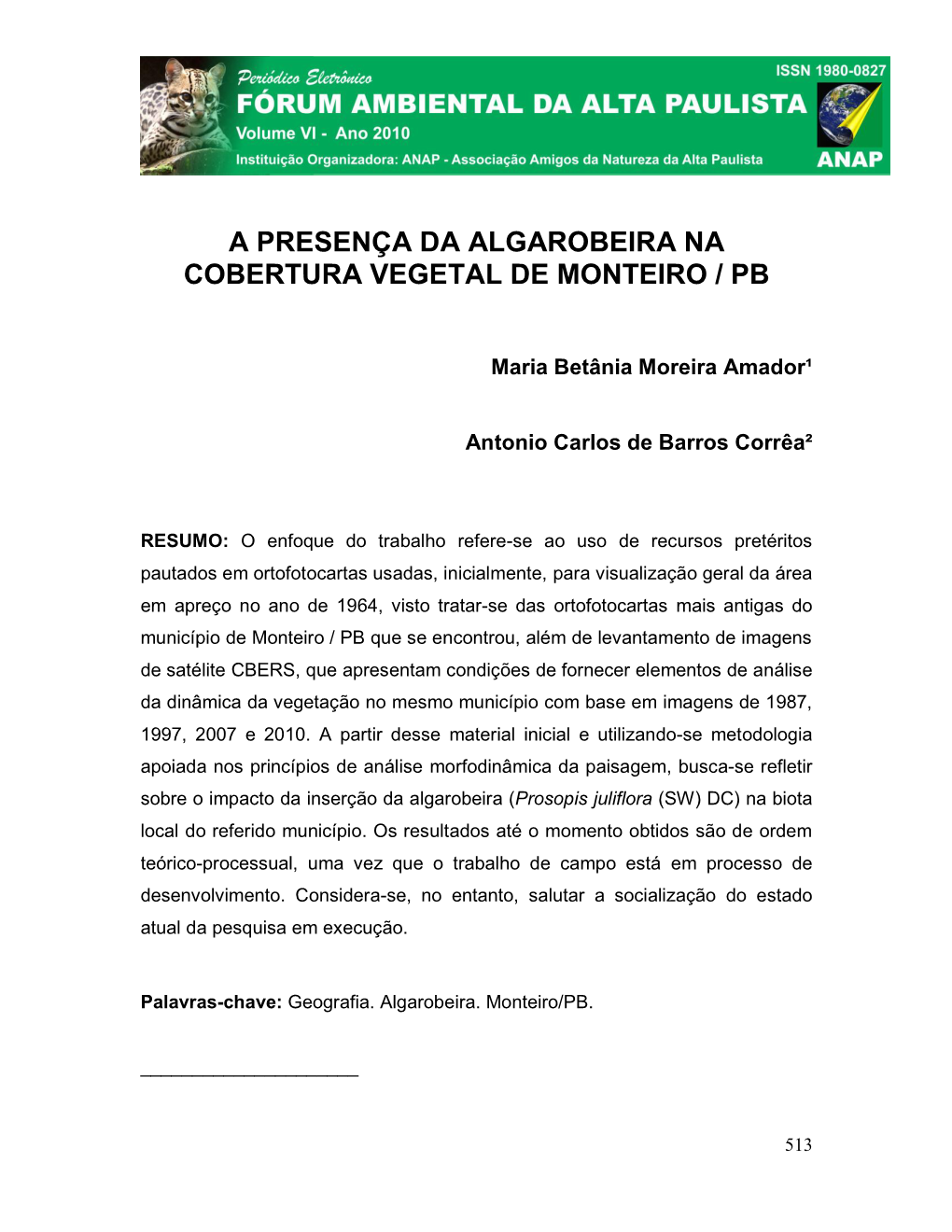 A Presença Da Algarobeira Na Cobertura Vegetal De Monteiro / Pb