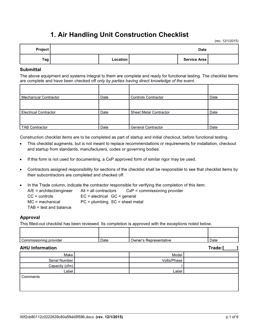 2.6.1.1. Air Handling Unit Construction Checklist