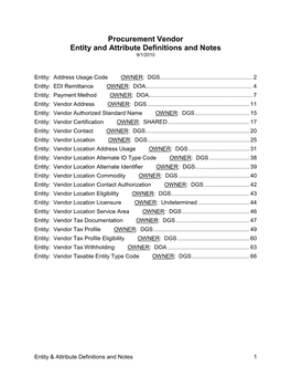 Procurement Vendor Entity and Attribute Definitions and Notes 9/1/2010