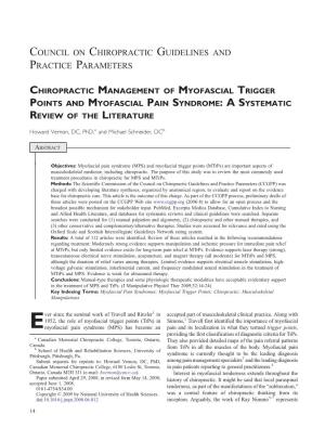 Chiropractic Management of Myofascial Trigger Points and Myofascial Pain Syndrome:Asystematic Review of the Literature