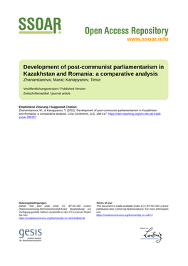 Development of Post-Communist Parliamentarism in Kazakhstan and Romania: a Comparative Analysis Zhanarstanova, Maral; Kanapyanov, Timur