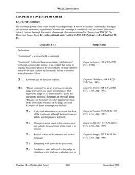 CHAPTER 14 CONTEMPT of COURT 1. General Contempt Checklist 14-1 Script/Notes