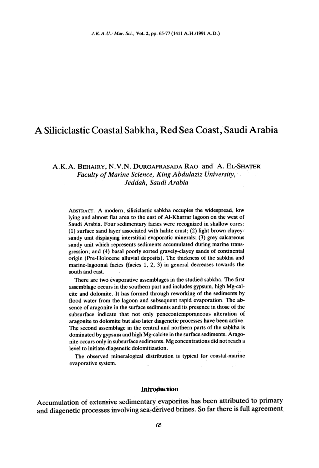 A Siliciclastic Coastal Sabkha, Red Sea Coast; Saudi Arabia