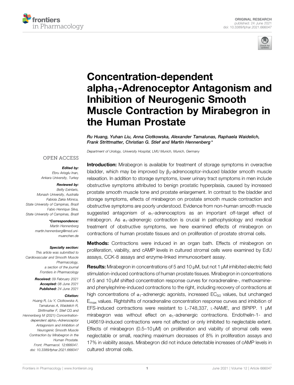 Concentration-Dependent Alpha1-Adrenoceptor Antagonism and Inhibition of Neurogenic Smooth Muscle Contraction by Mirabegron in the Human Prostate