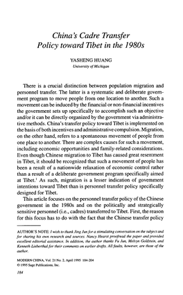 China's Cadre Transfer Policy Toward Tibet in the 1980S