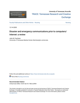 Disaster and Emergency Communications Prior to Computers/ Internet: a Review