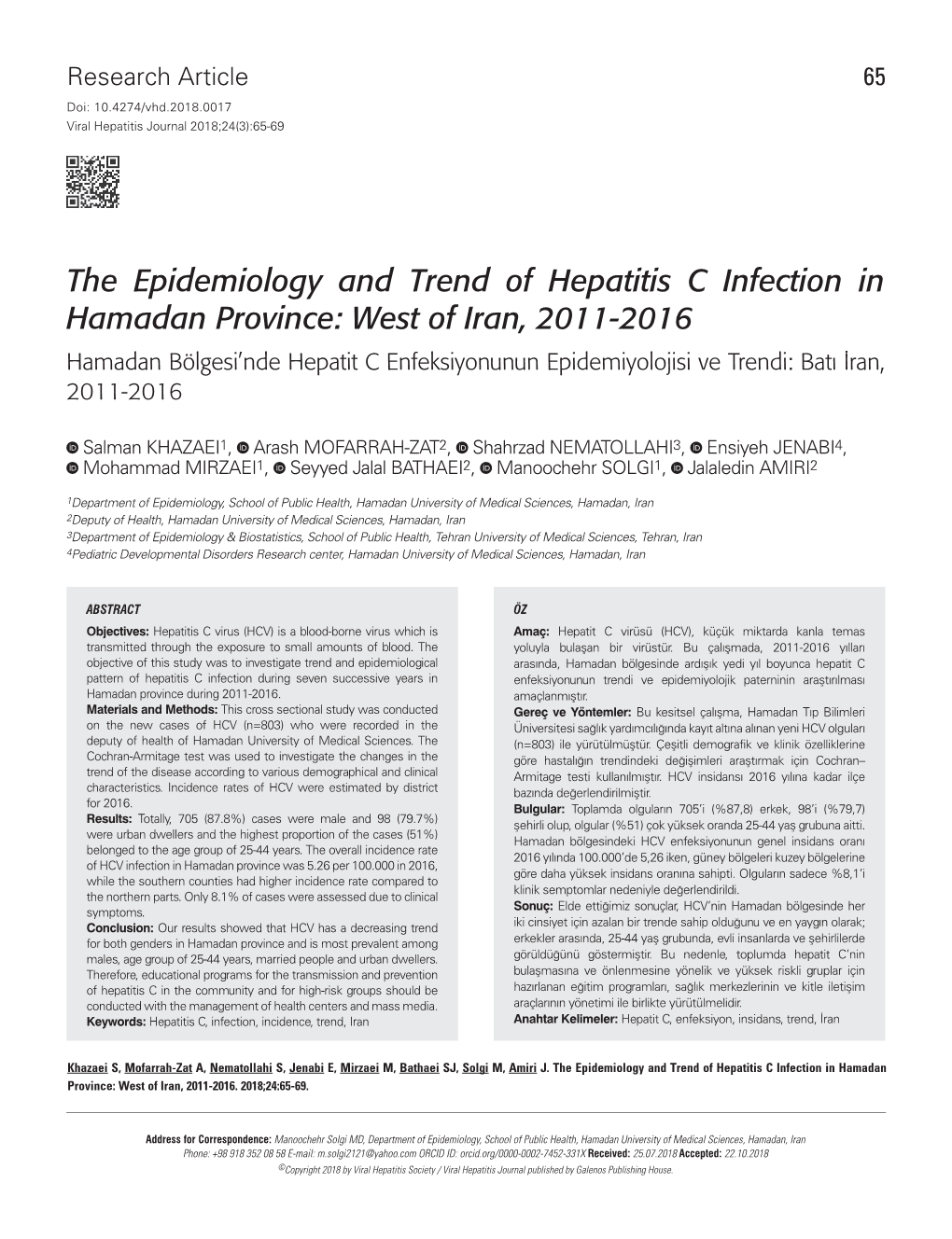 The Epidemiology and Trend of Hepatitis C Infection in Hamadan