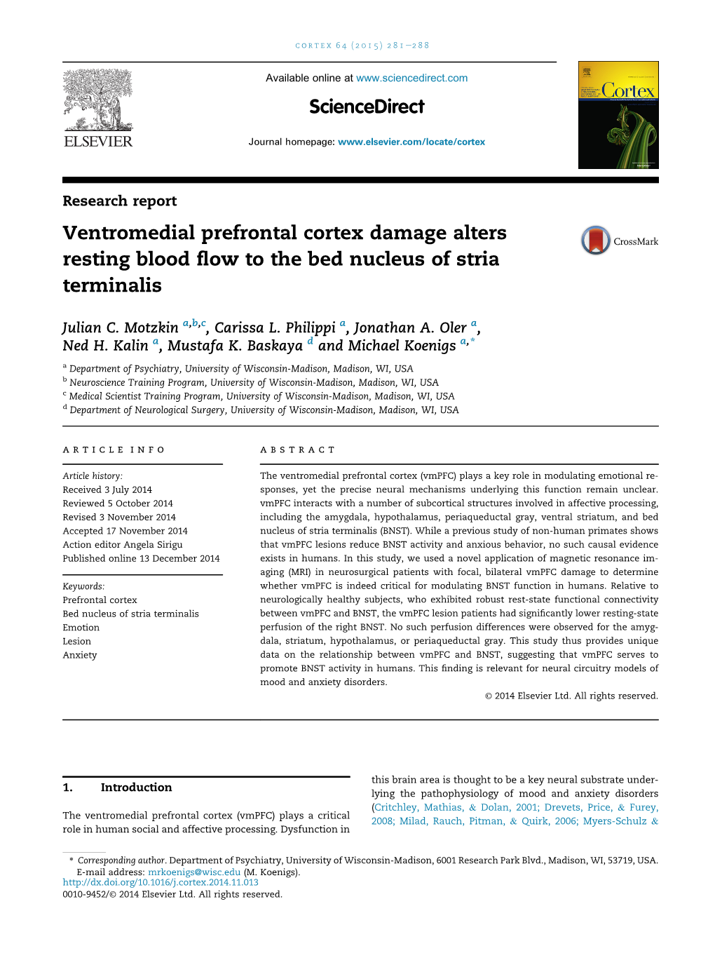 Motzkin 2015 Cortex Vmpfc Lesion BNST Blood Flow.Pdf