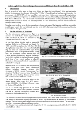 Modern Light Water Aircraft Design, Manufacture and Flying by Tony Irwin (21St Feb