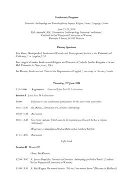 Conference Program Generative Anthropology and Transdisciplinary