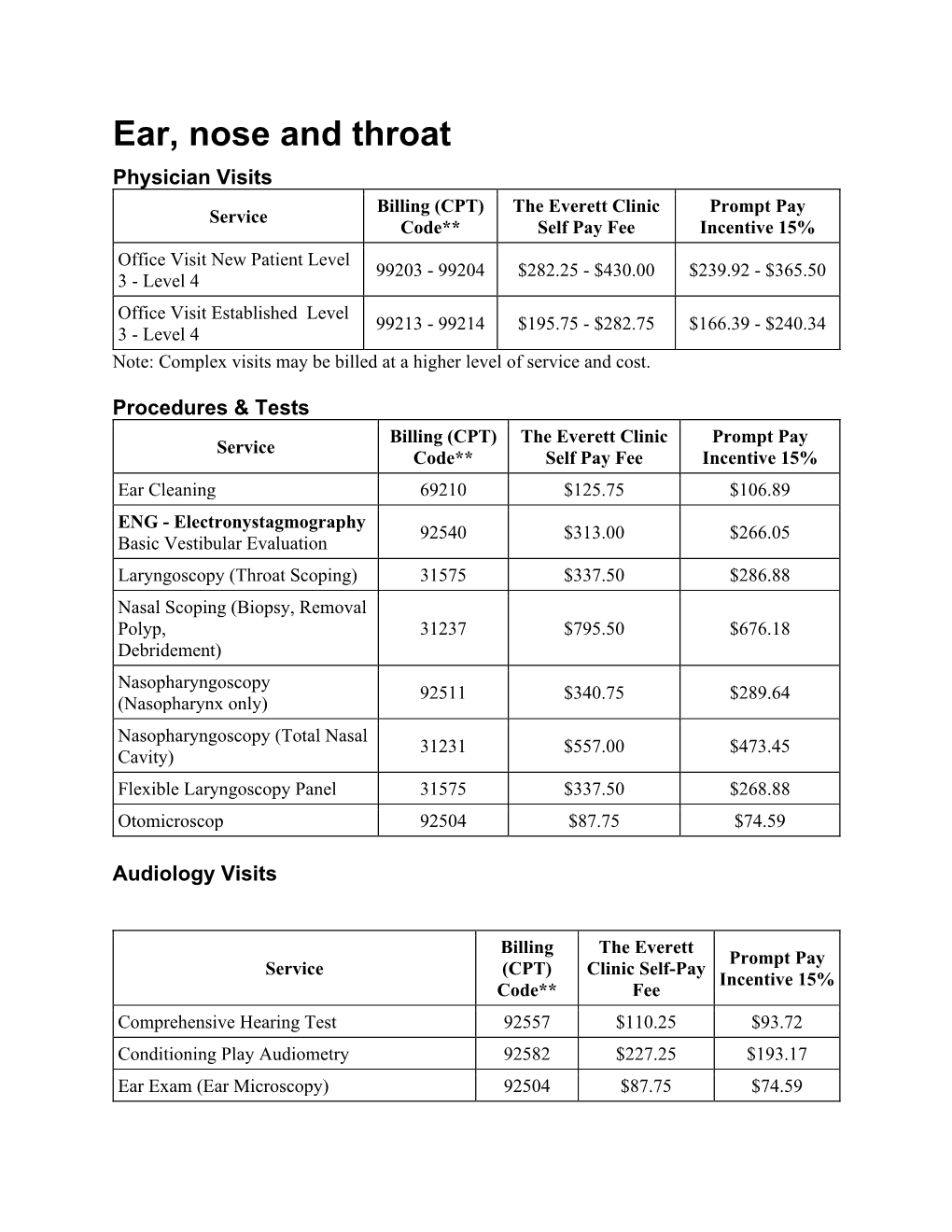 Ear Nose and Throat Price Sheet