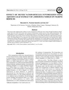 Effect of Silver Nanoparticles Synthesized Using Aqueous Leaf Extract of Amherstia Nobilis on Marine Biofilms